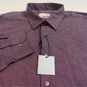 NWT - Hickey Freeman Dress Shirt Red/Navy Geometric Button Down Cotton Men’s XL